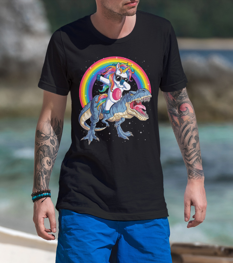 Dabbing Unicorn Riding T-Rex Under Rainbow In Space T-Shirt