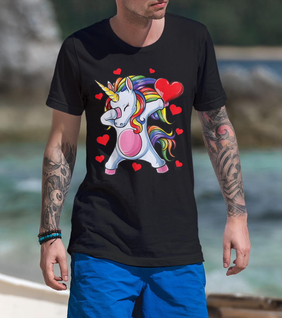 Valentines Day Dabbing Unicorn With Heart Girls T-Shirt