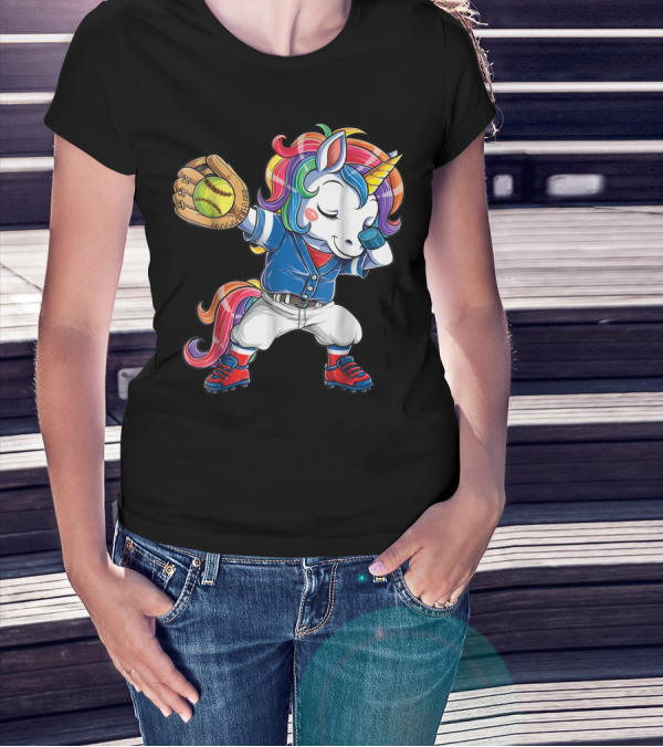 Dabbing Rainbow Unicorn In Softball Uniform Girls Dab T-Shirt
