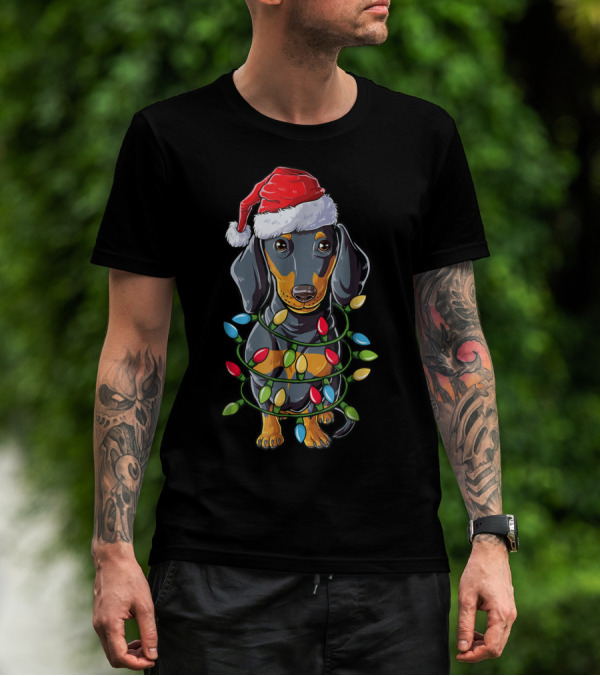 Dachshund Dog In Santa Hat With Christmas Tree Lights T-Shirt