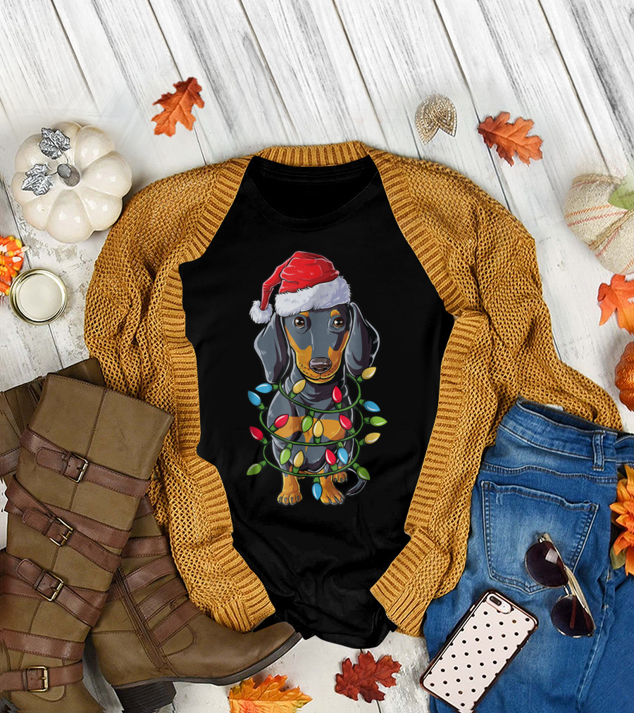 Dachshund Dog in Santa Hat with Christmas Tree Lights T-Shirt
