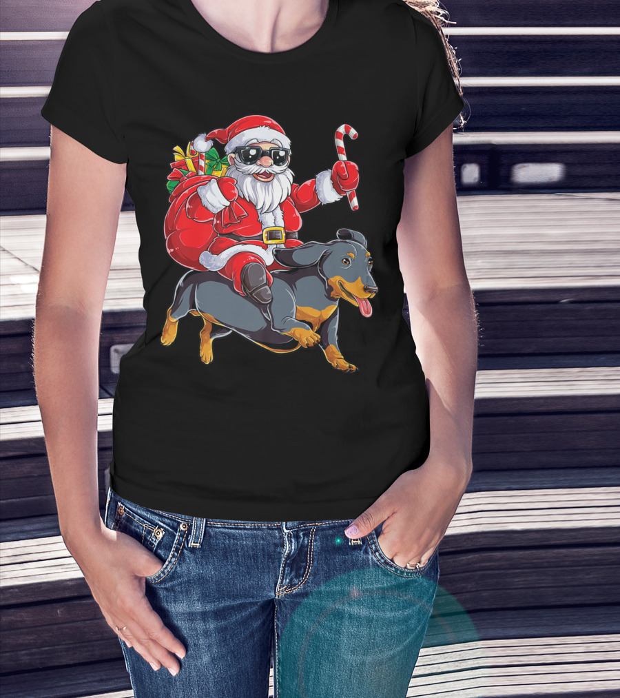 Santa Claus Riding Dachshund With Candy Cane And Presents T-Shirt