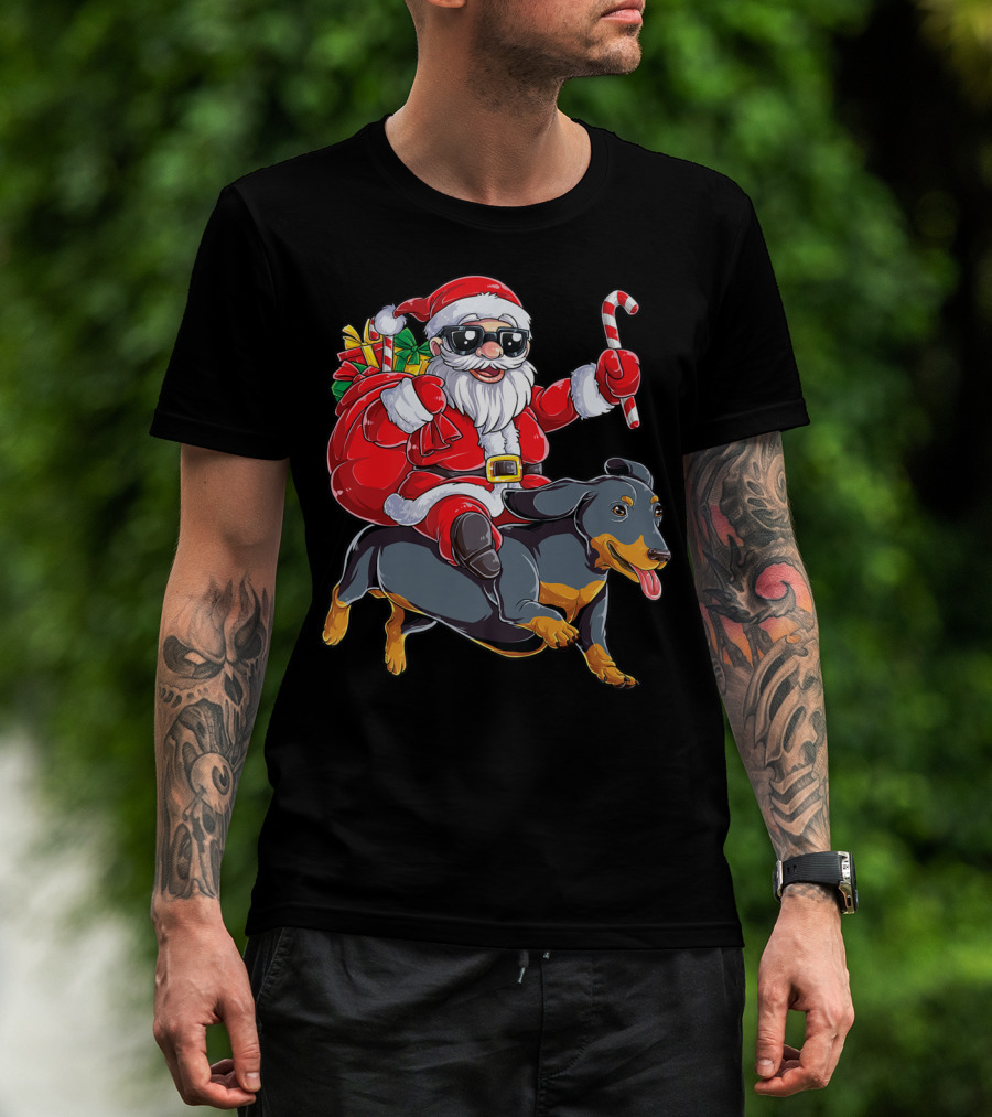Santa Claus Riding Dachshund With Candy Cane And Presents T-Shirt
