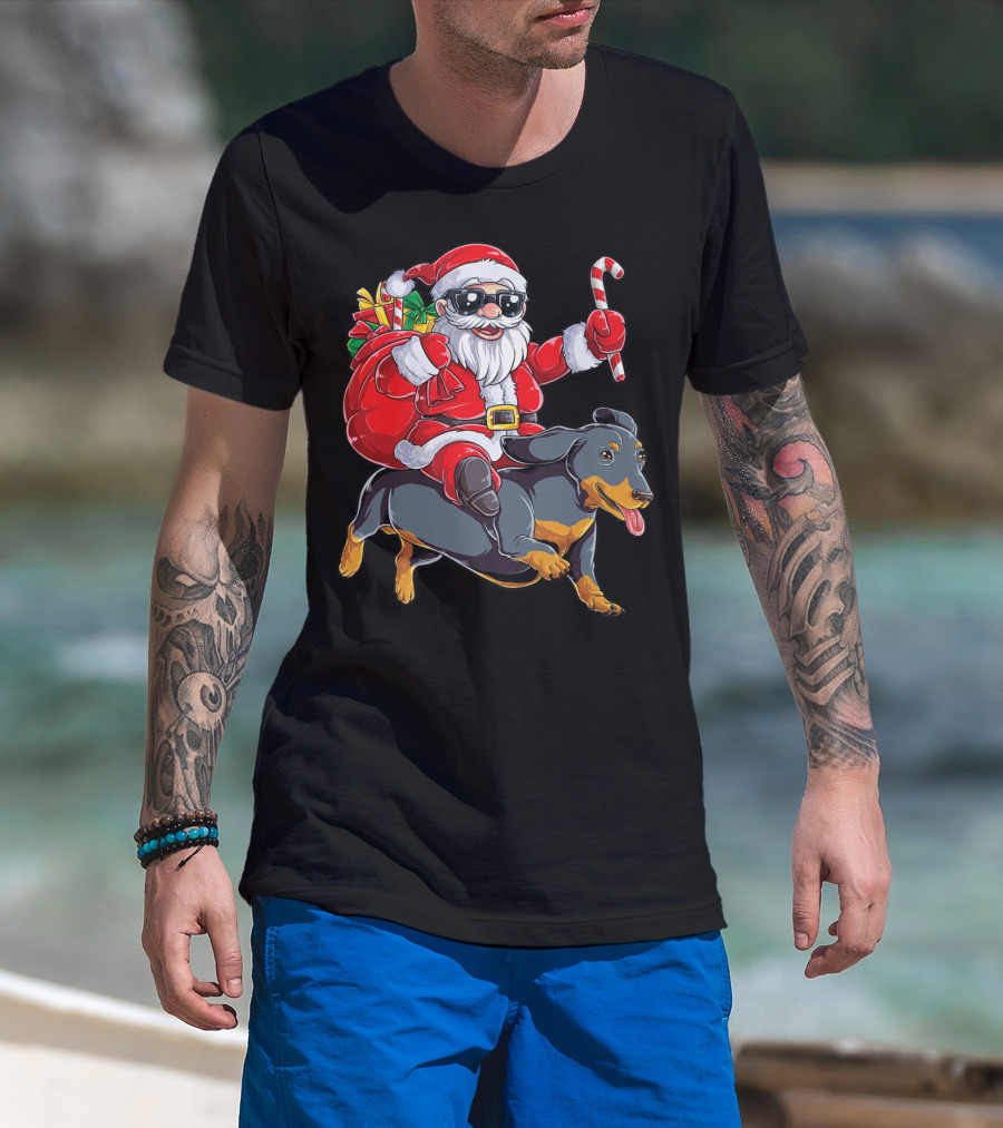 Santa Claus Riding Dachshund With Candy Cane And Presents T-Shirt