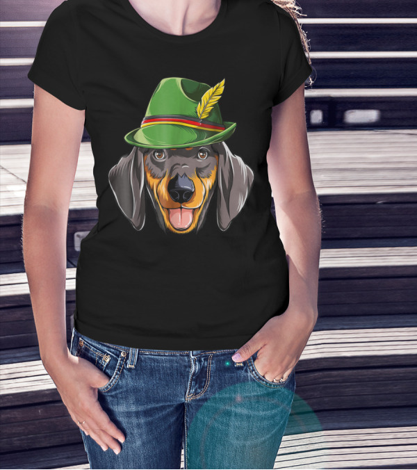 Dachshund Oktoberfest Kids Boys Lederhosen Dog In Green Hat With Feather T-Shirt