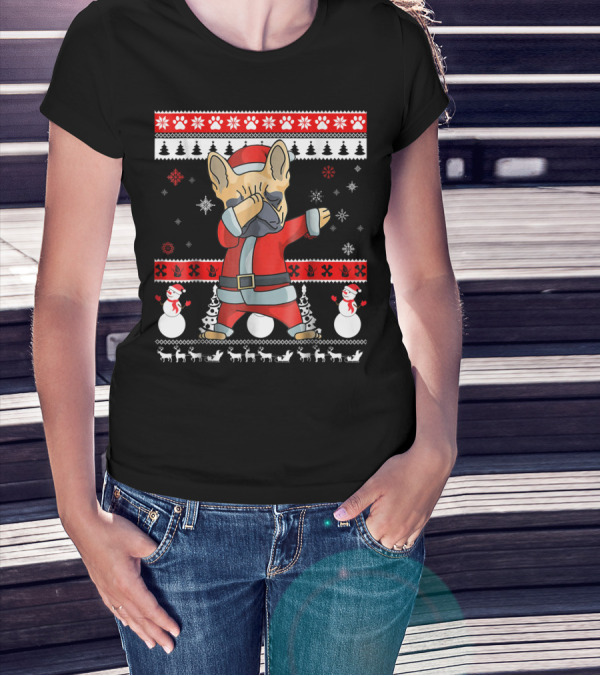 Dabbing French Bulldog Christmas Santa Ugly Sweater Snowflakes Snowmen T-Shirt