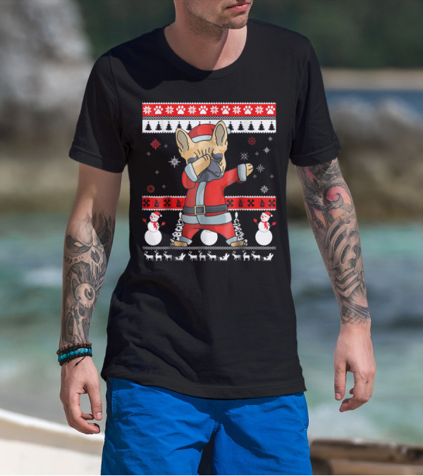 Dabbing French Bulldog Christmas Santa Ugly Sweater Snowflakes Snowmen T-Shirt