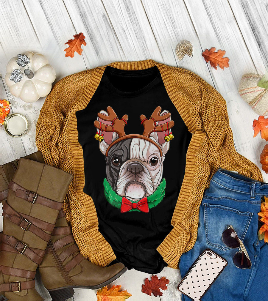 French Bulldog with Christmas Reindeer Antlers and Bow Tie T-Shirt