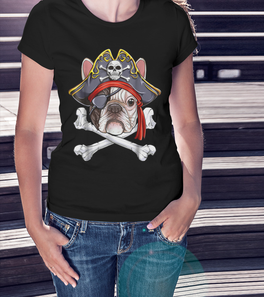 French Bulldog Pirate Jolly Roger Crossbones Skull Eyepatch T-Shirt