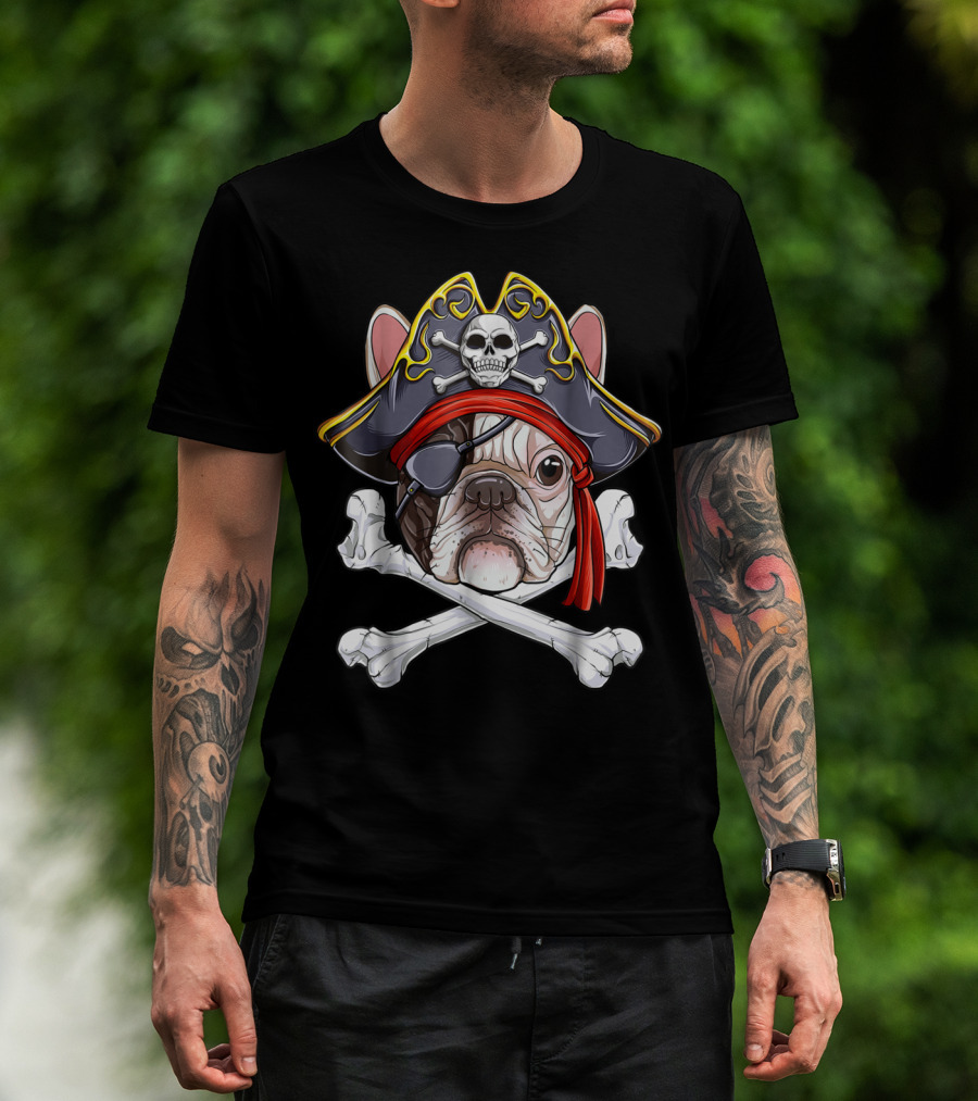 French Bulldog Pirate Jolly Roger Crossbones Skull Eyepatch T-Shirt
