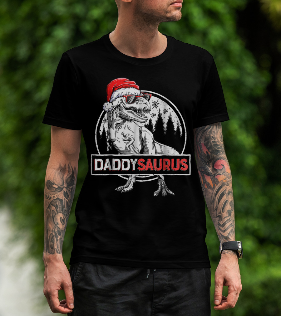 Daddysaurus Dinosaur Christmas Rex With Santa Hat And Sunglasses T-Shirt