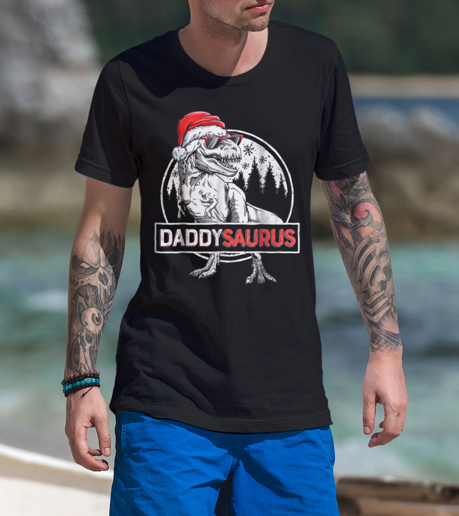 Daddysaurus Dinosaur Christmas Rex With Santa Hat And Sunglasses T-Shirt