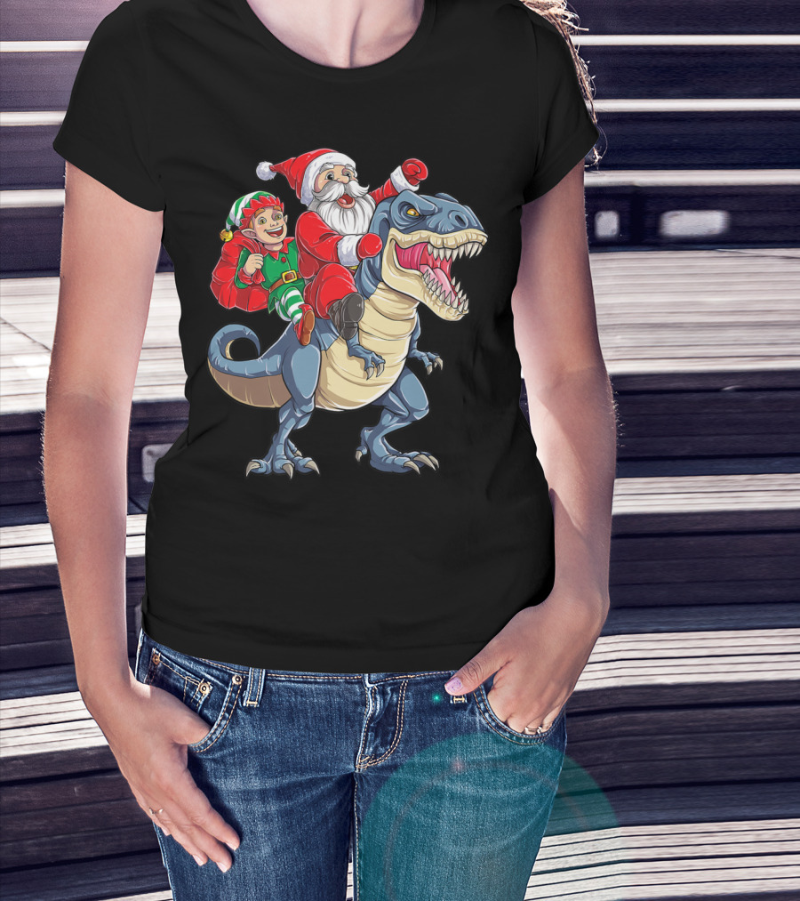 Dinosaur Christmas Boys Santa Elf Riding T-Rex Kids YP T-Shirt