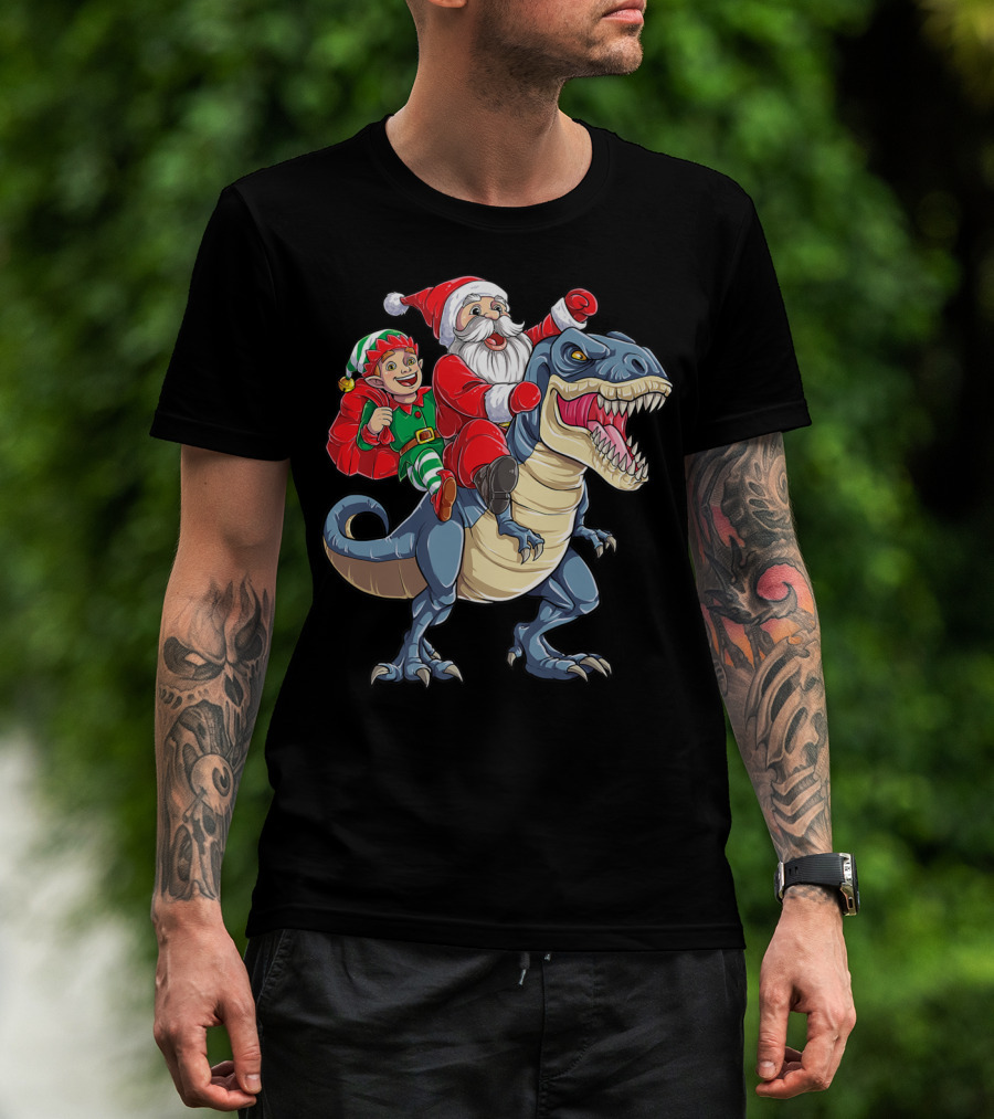 Dinosaur Christmas Boys Santa Elf Riding T-Rex Kids YP T-Shirt