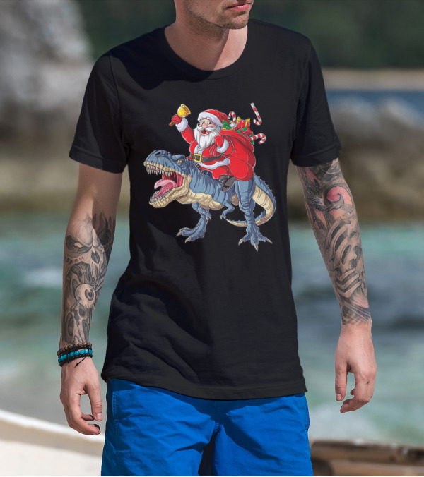 Santa Claus Riding Dinosaur With Bell And Holiday Gifts Christmas Boys Santa Rex Kids Xmas T3 T-Shirt