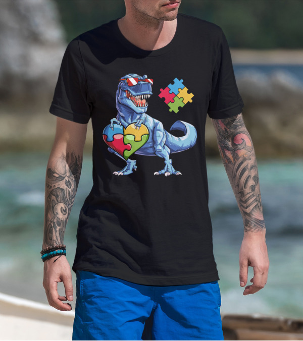 Dinosaur Holding Heart-Shaped Puzzle Pieces Autism Awareness T-Shirt