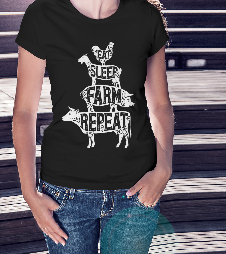 Eat Sleep Farm Repeat Farmer Goat Pig Cow Rooster T-Shirt