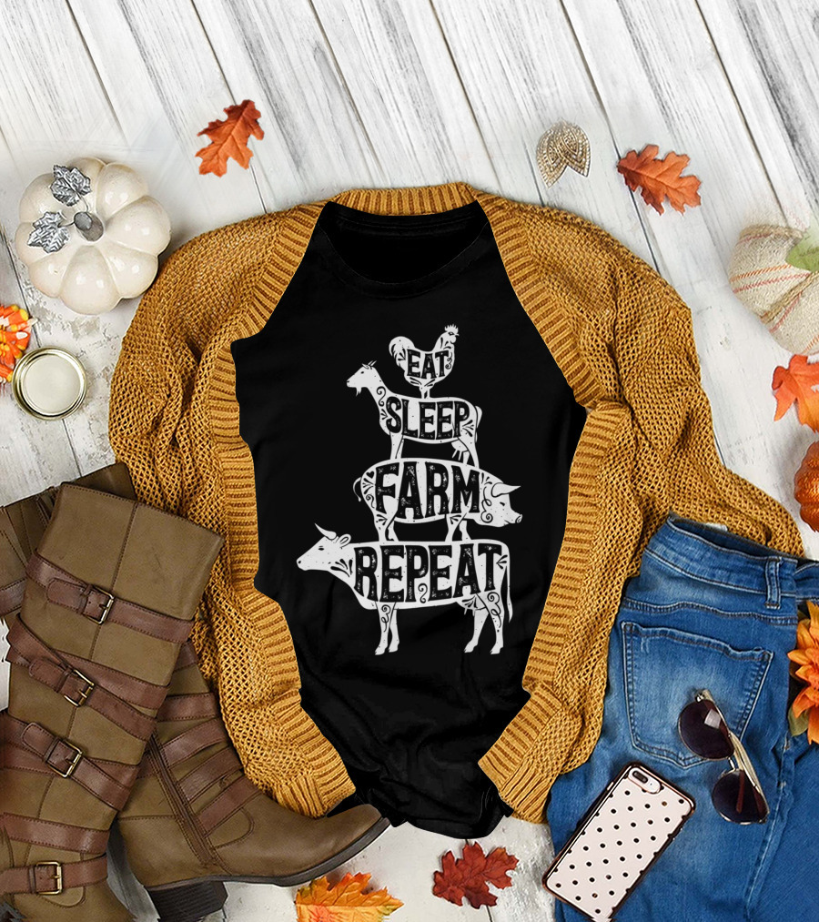 Eat Sleep Farm Repeat Farmer Goat Pig Cow Rooster T-Shirt