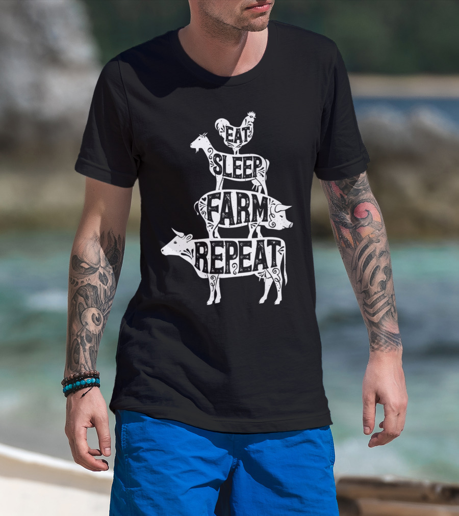 Eat Sleep Farm Repeat Farmer Goat Pig Cow Rooster T-Shirt