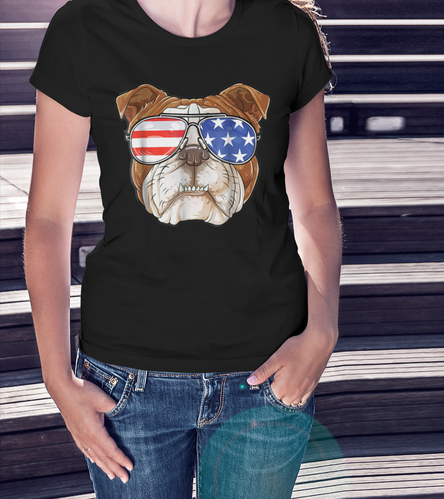 English Bulldog Wearing American Flag Sunglasses T-Shirt
