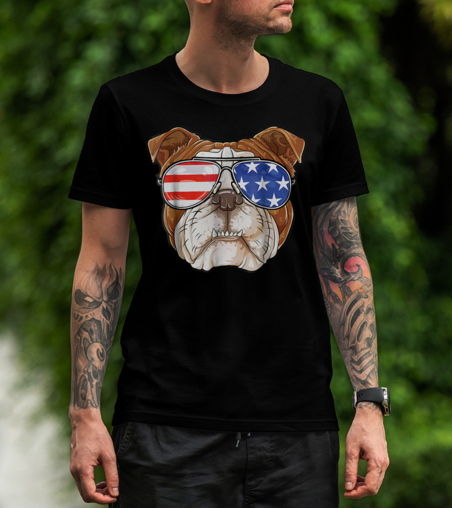 English Bulldog Wearing American Flag Sunglasses T-Shirt