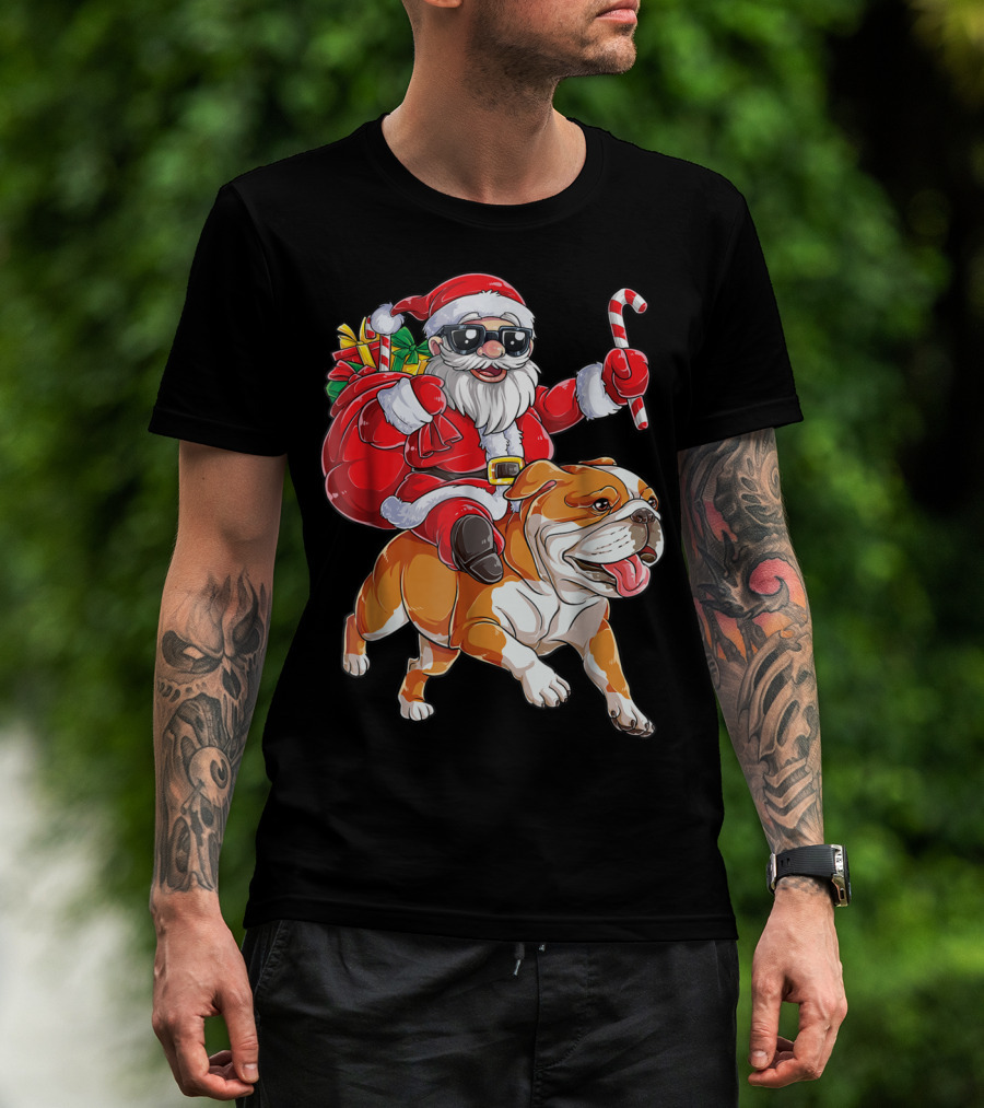English Bulldog Santa Claus Riding With Candy Cane And Gifts Christmas Woofmas T-Shirt
