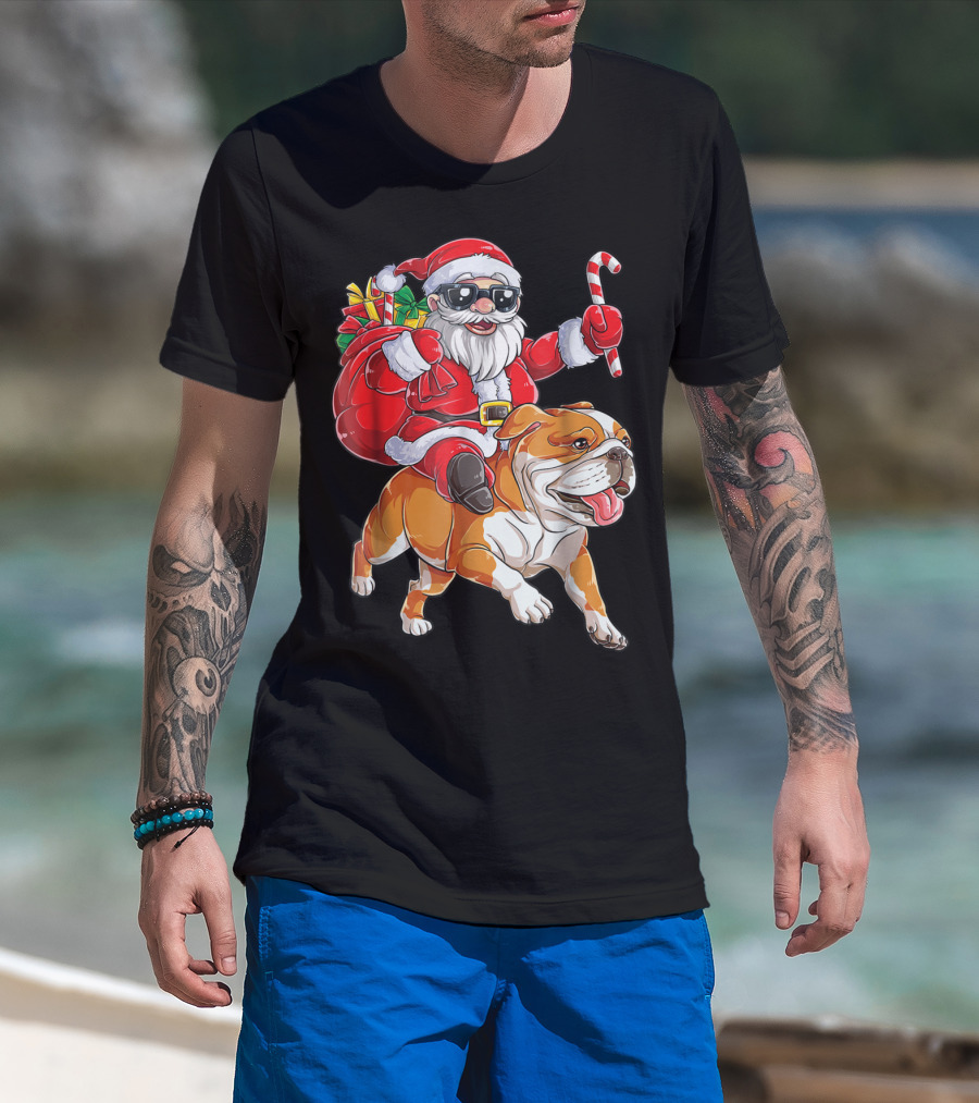 English Bulldog Santa Claus Riding With Candy Cane And Gifts Christmas Woofmas T-Shirt