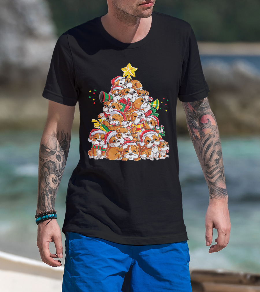English Bulldog Xmas Tree Boys With Santa Hats And Christmas Cheer T-Shirt