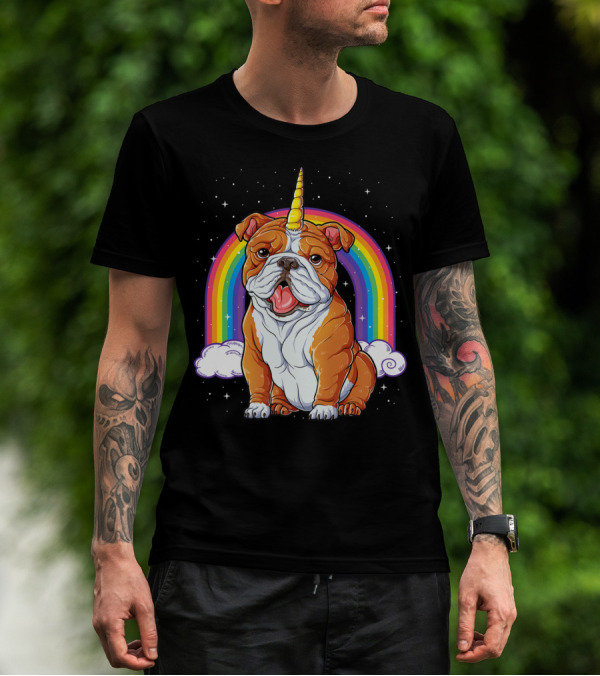 English Bulldog Unicorn Rainbow Space Galaxy T-Shirt