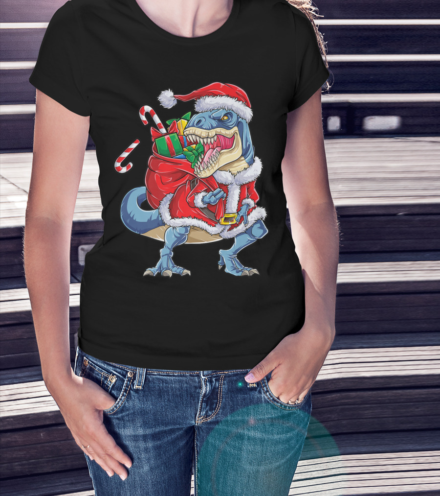 Dinosaur Christmas Boys Santa Rex With Candy Canes And Gifts T-Shirt