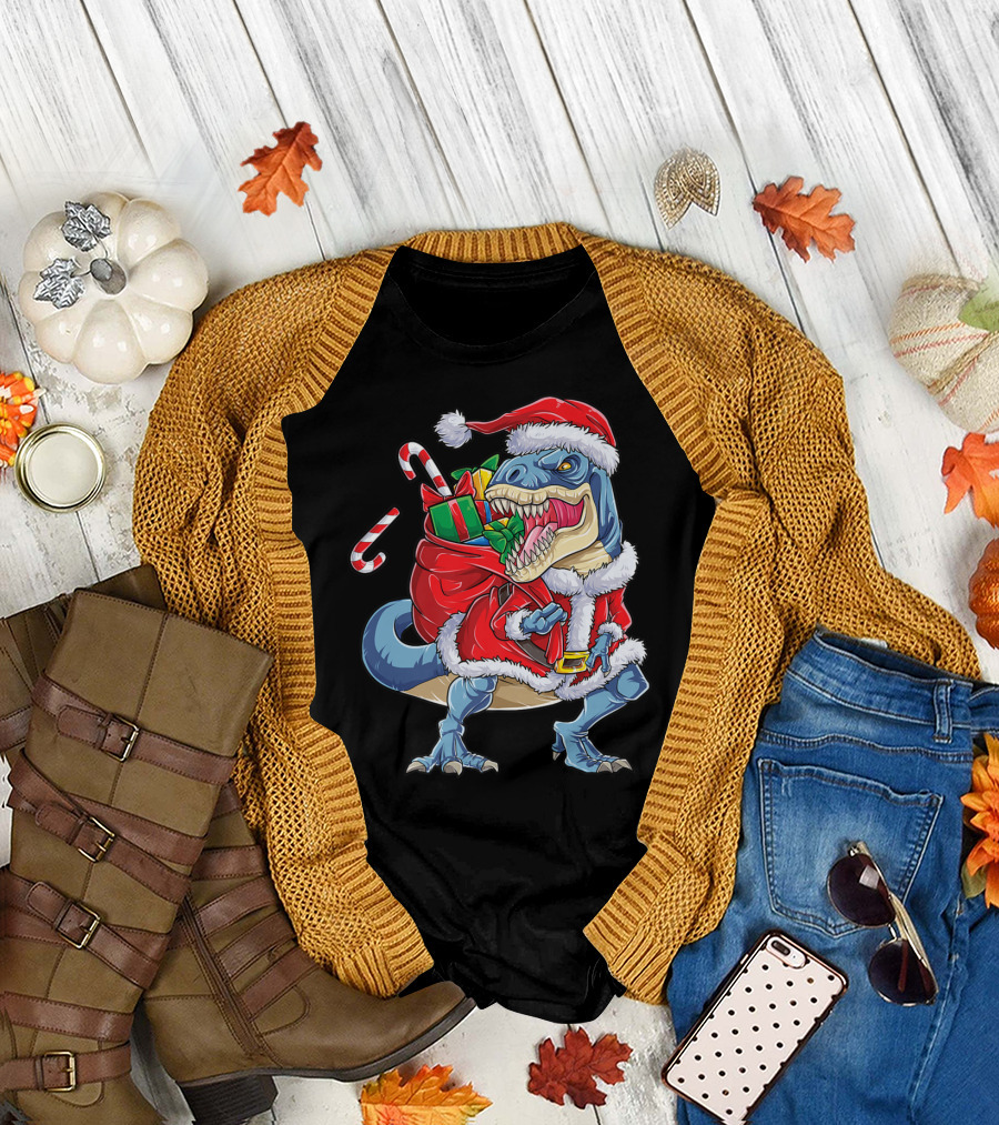 Dinosaur Christmas Boys Santa Rex with Candy Canes and Gifts T-Shirt