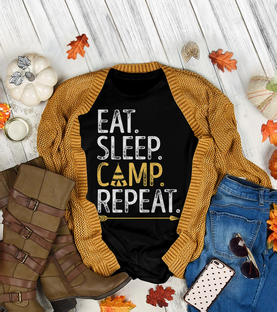 Eat Sleep Camp Repeat Camping Camper Tent Arrow T-Shirt