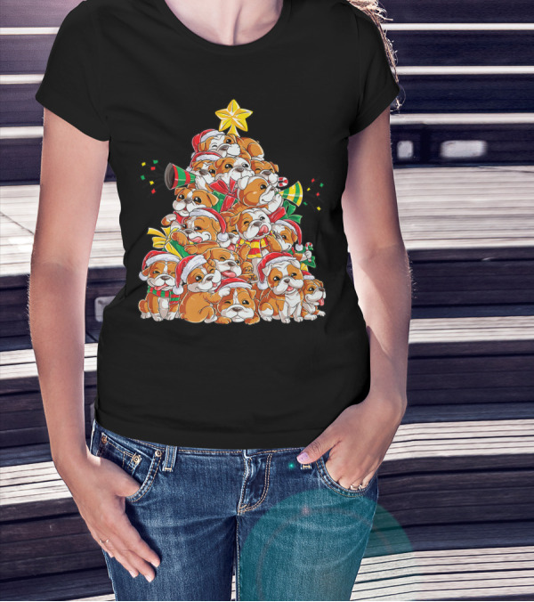 English Bulldog Christmas Tree Holiday Festive Boys T-Shirt