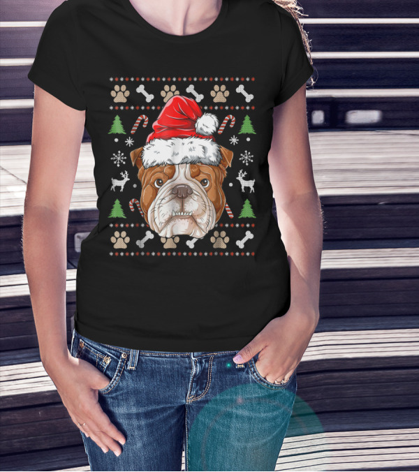 English Bulldog Santa Hat Ugly Christmas Sweater Paws Reindeer Bones Candy Canes T-Shirt