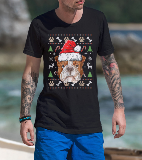 English Bulldog Santa Hat Ugly Christmas Sweater Paws Reindeer Bones Candy Canes T-Shirt