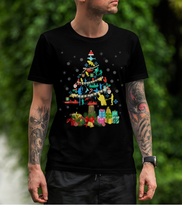 Fishing Christmas Pine Tree Santa Holiday Gift Presentation T-Shirt