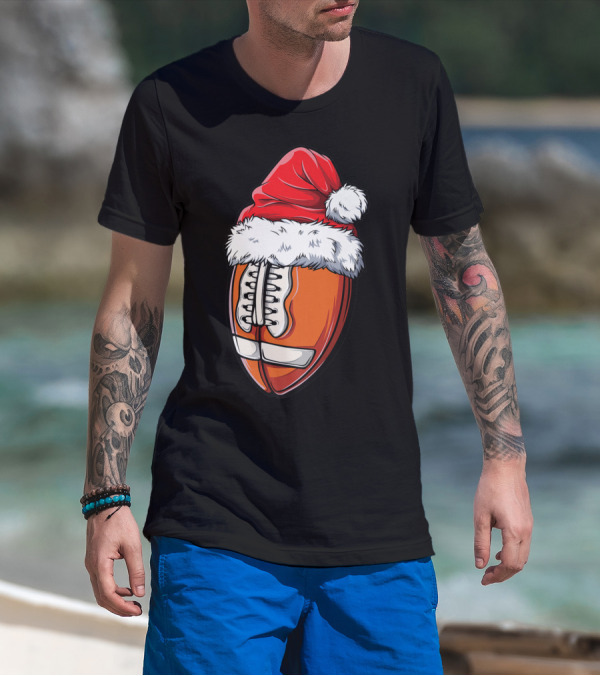 Football Ball Santa Hat Christmas Boys Xmas Football T-Shirt