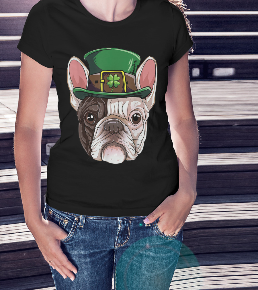 French Bulldog Leprechaun St Patricks Day Dog Wearing Green Hat With Shamrock T-Shirt