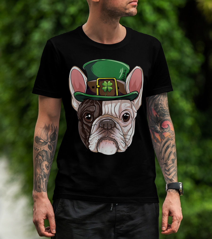 French Bulldog Leprechaun St Patricks Day Dog Wearing Green Hat With Shamrock T-Shirt