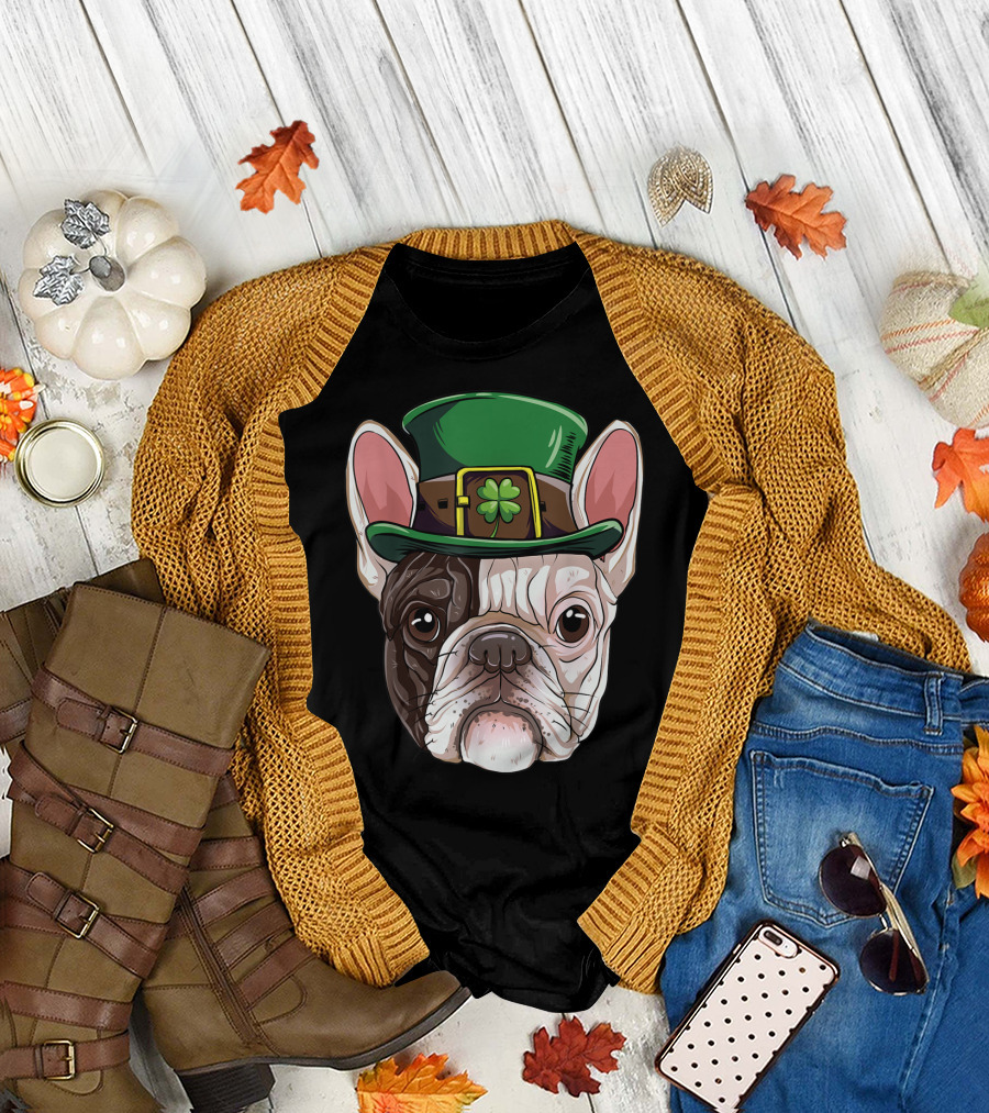 French Bulldog Leprechaun St Patricks Day Dog Wearing Green Hat With Shamrock T-Shirt