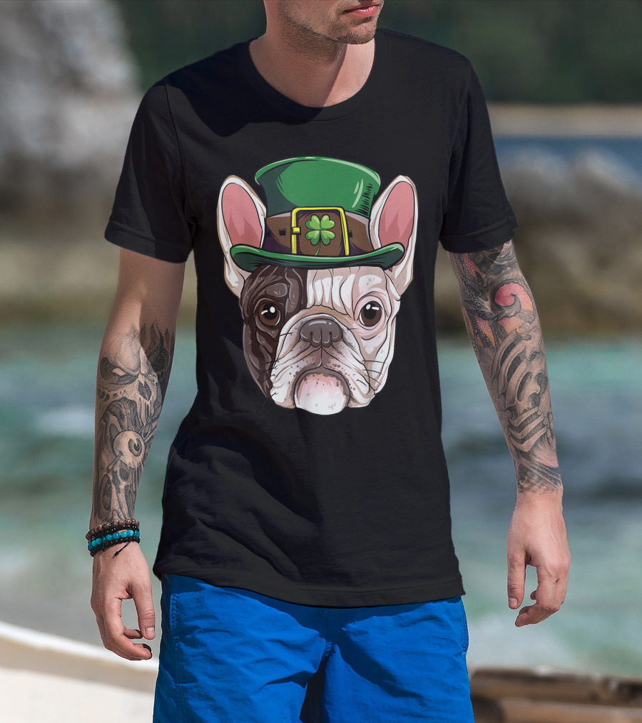 French Bulldog Leprechaun St Patricks Day Dog Wearing Green Hat With Shamrock T-Shirt