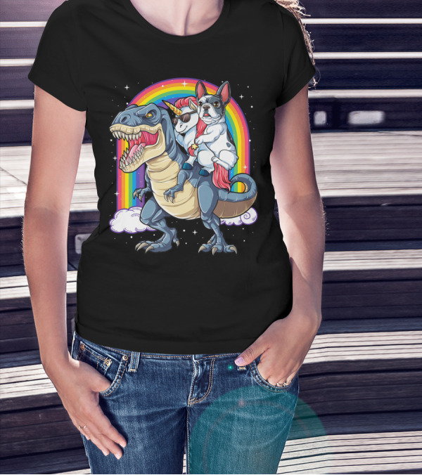 French Bulldog Unicorn Riding Dinosaur Rex With Rainbow Stars T-Shirt