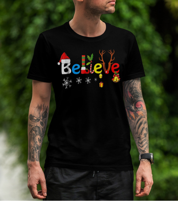 Believe In Santa Elf Reindeer Christmas Snowflakes And Bells T-Shirt