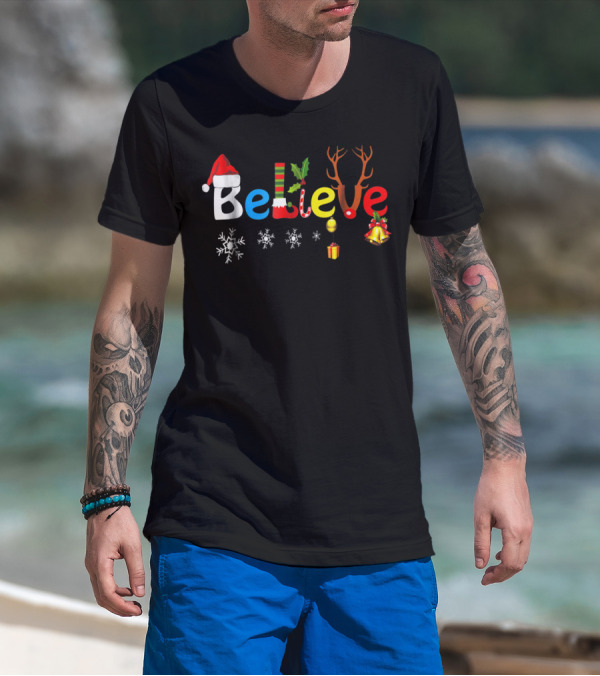 Believe In Santa Elf Reindeer Christmas Snowflakes And Bells T-Shirt