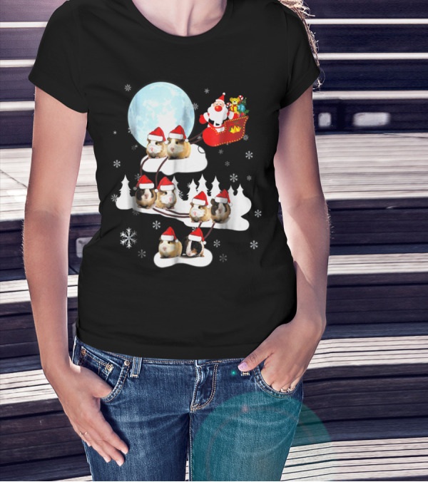 Santa Sleigh With Christmas Guinea Pigs And Snowflakes T-Shirt