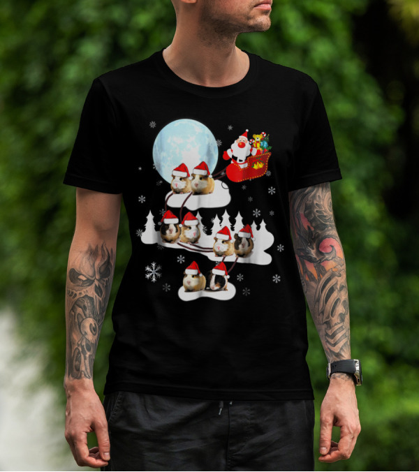 Santa Sleigh With Christmas Guinea Pigs And Snowflakes T-Shirt