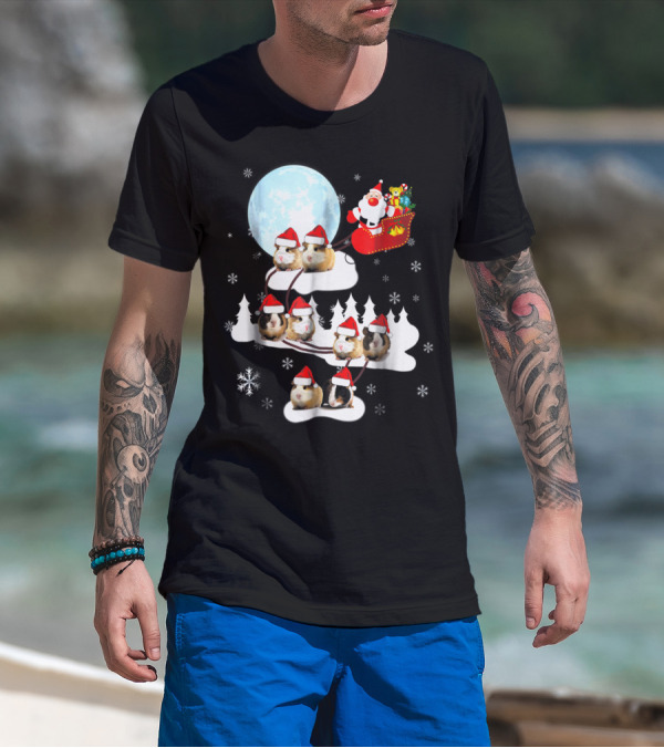 Santa Sleigh With Christmas Guinea Pigs And Snowflakes T-Shirt