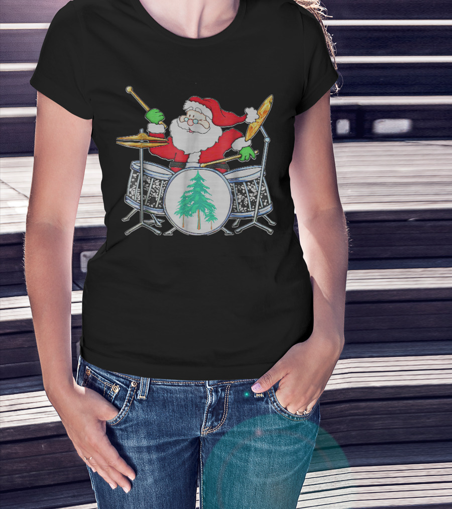 Funny Santa Playing Christmas Drum Kit T-Shirt