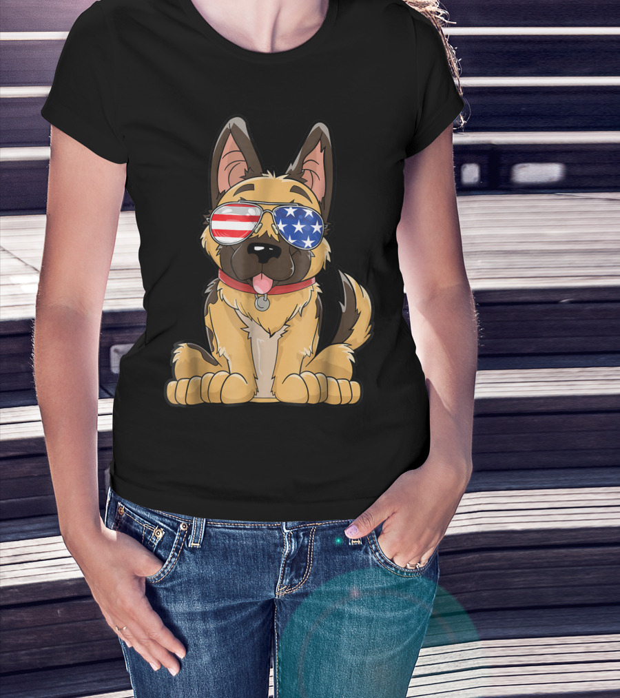 German Shepherd American Flag Sunglasses 4th Of July T-Shirt