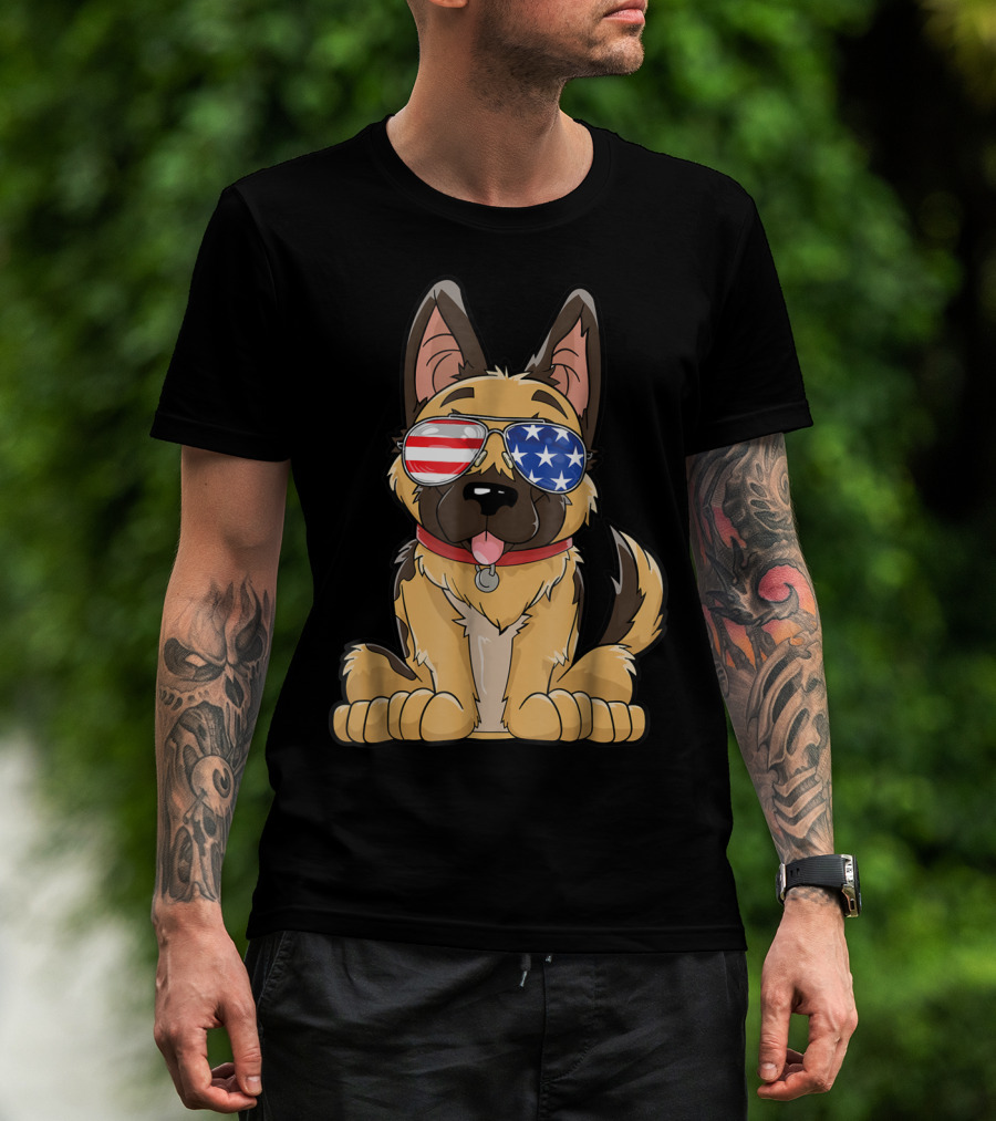 German Shepherd American Flag Sunglasses 4th Of July T-Shirt